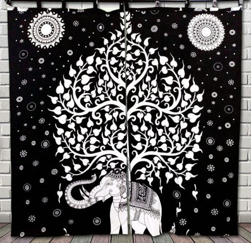 Tenture Rideau éléphant et arbre de vie noir et blanc univers