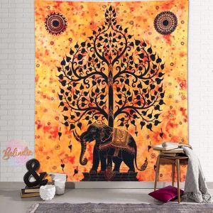 Tenture murale arbre de vie elephant sur fond orange