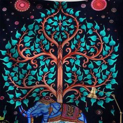 tenture elephant et arbre de vie bleu